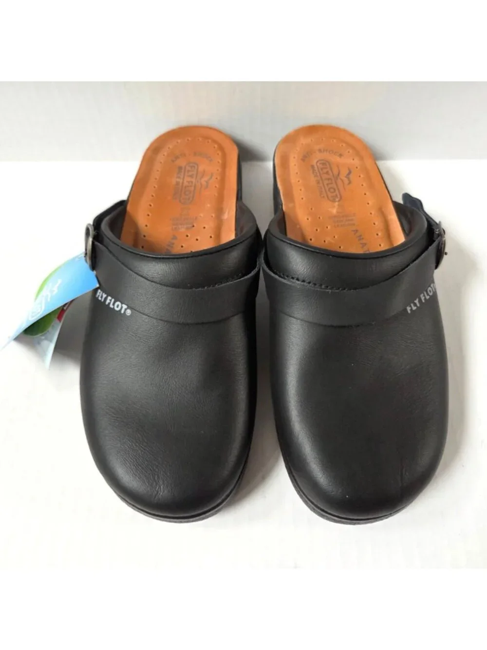 FlyFlot Shoes Mens 41 / 8 Black Leather Clogs Mules Anatomic Comfort NEW